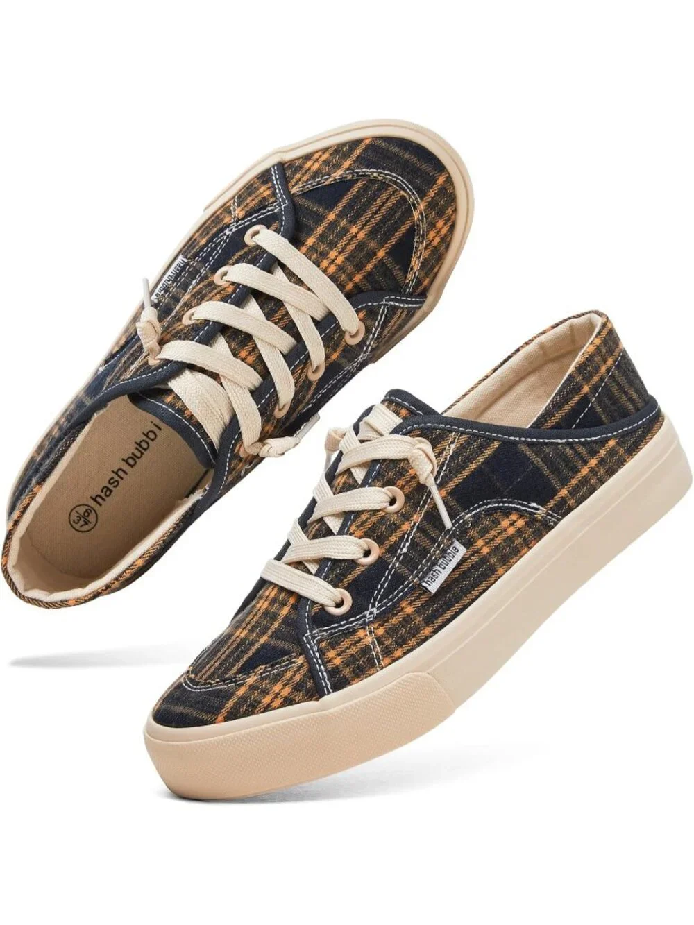 Women's Plaid Navy Blue Round Toe Solid Non Slip Slip on Loafer Sneaker Shoes